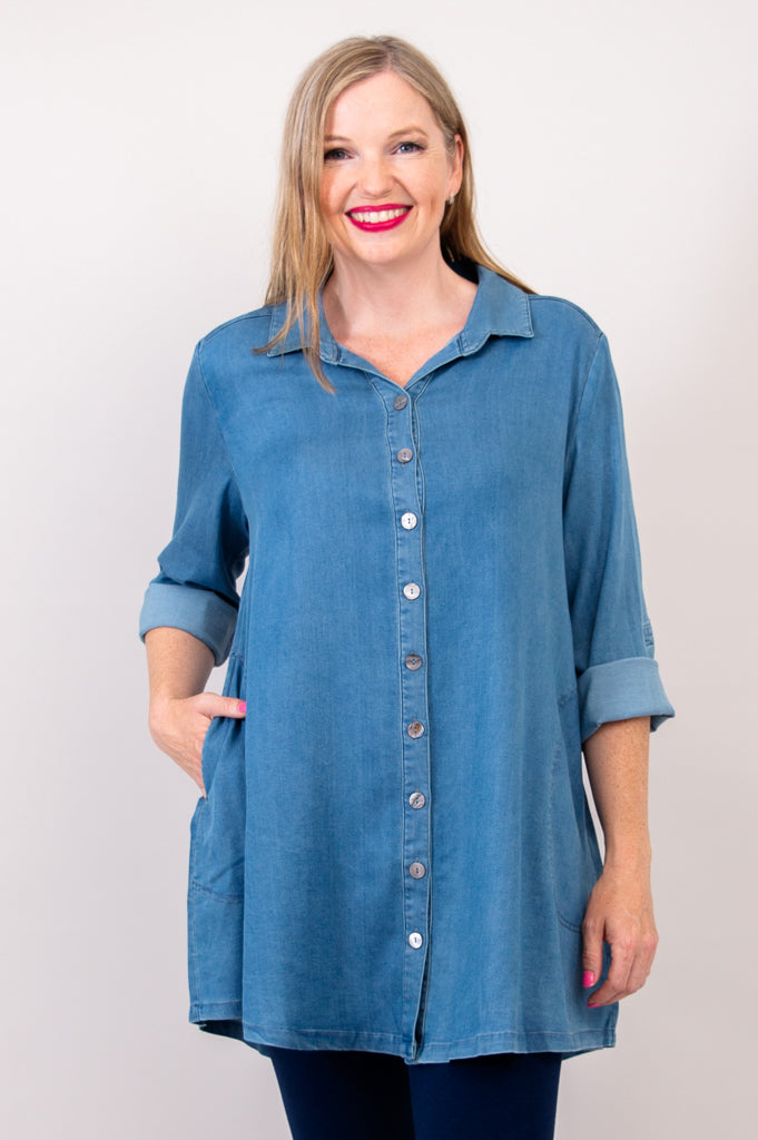 J Jill Small Blue Denim Chambray Button Front Short Sleeve Blouse 100%  Cotton 