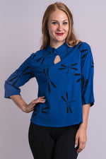 Women's blue firefly print keyhole neckline shirt with 3/4 sleeves.