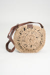 Brown Leather Handle Circle Rattan Purse, Small