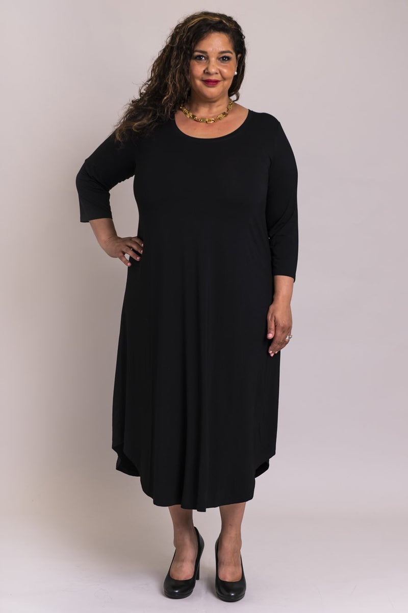 Women's black plus-size 3/4 sleeve long dress with round neckline, made with natural bamboo fibers.