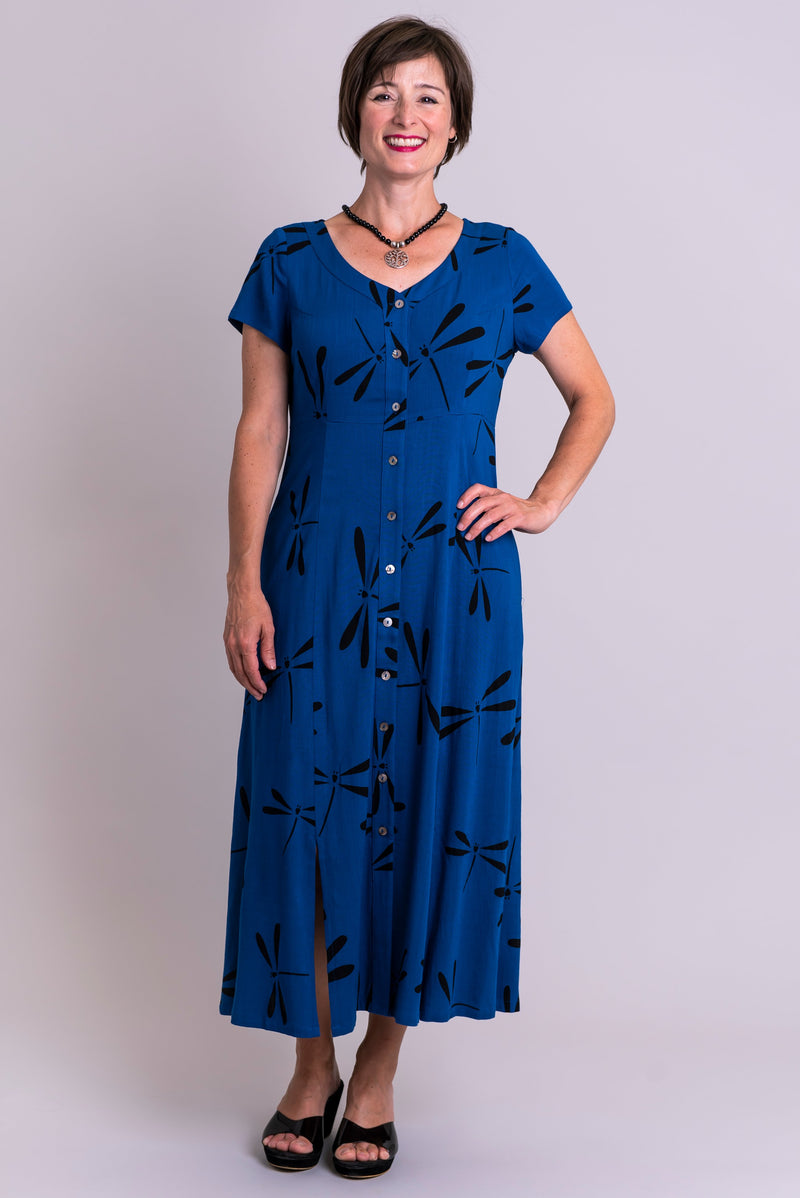 Women's sapphire blue dragonfly print short-sleeve fitted bodice long dress with buttons going down the front and band collar.