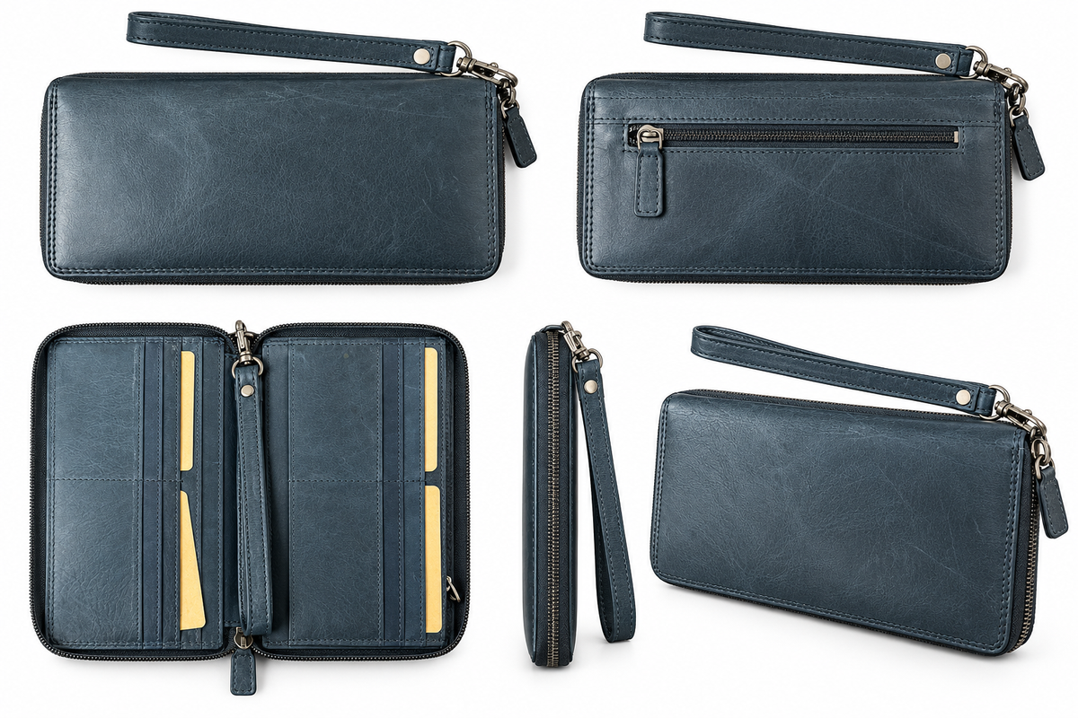 Adrian Klis 195/4 Portefeuille zippé simple, Bleu foncé, Cuir de buffle