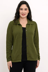 Studio portrait showcasing a khaki green long sleeve knit sweater with a classic collar.