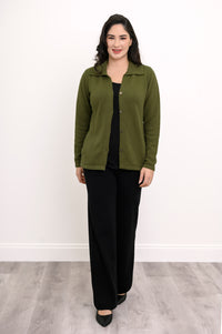 Breathable natural cotton layered cardigan sweater in earth tone green paired with business casual pants.
