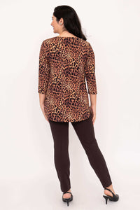 Back view of a woman wearing a leopard print 3/4 sleeve bamboo top