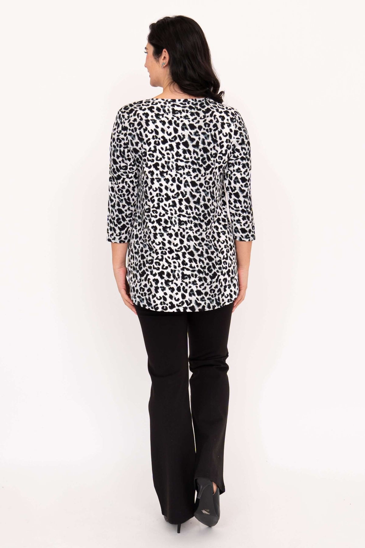Back view of model wearing snow leopard print bamboo top with 3/4 sleeves
