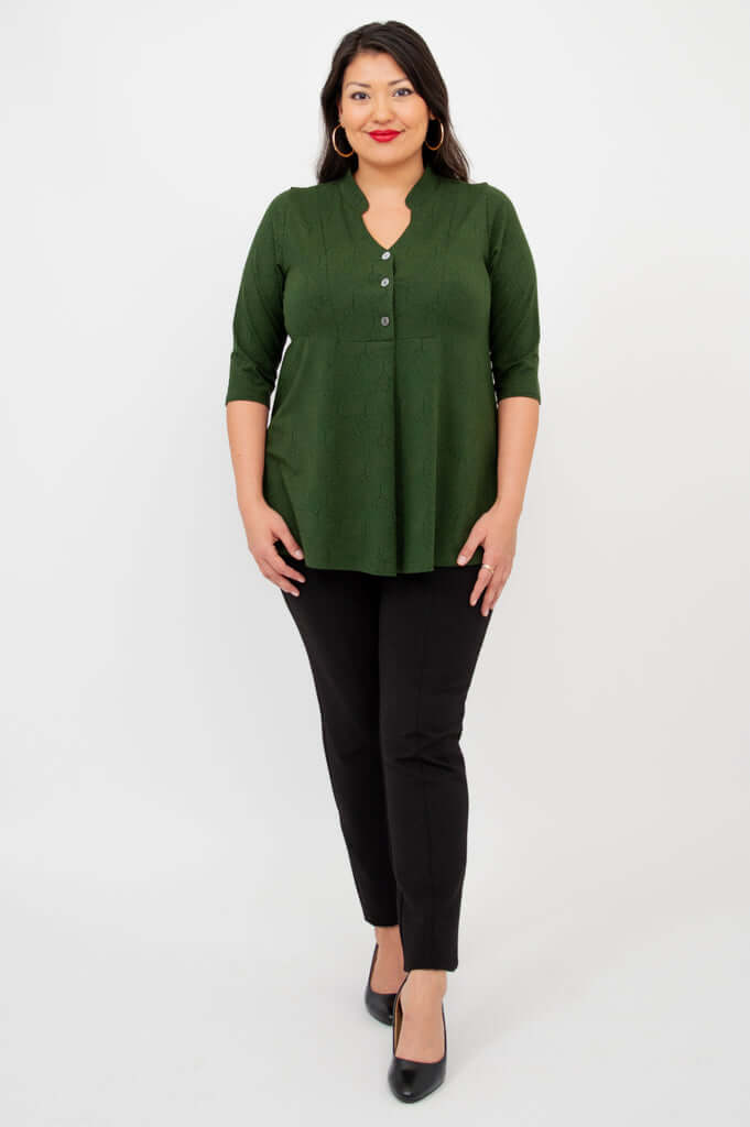 Front pose of a woman in Edwina green bamboo top with 3/4 sleeves and button placket