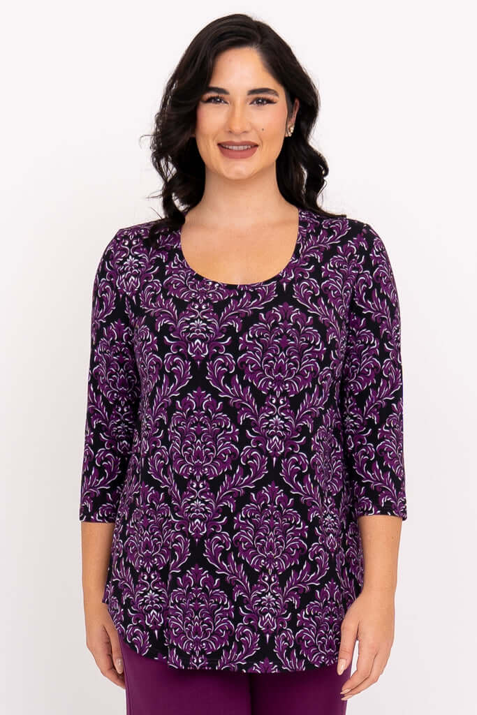 Closeup of Jazz 3/4 Sleeve Top in Damask Purple on model, front view