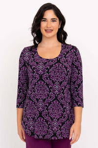 Closeup of Jazz 3/4 Sleeve Top in Damask Purple on model, front view