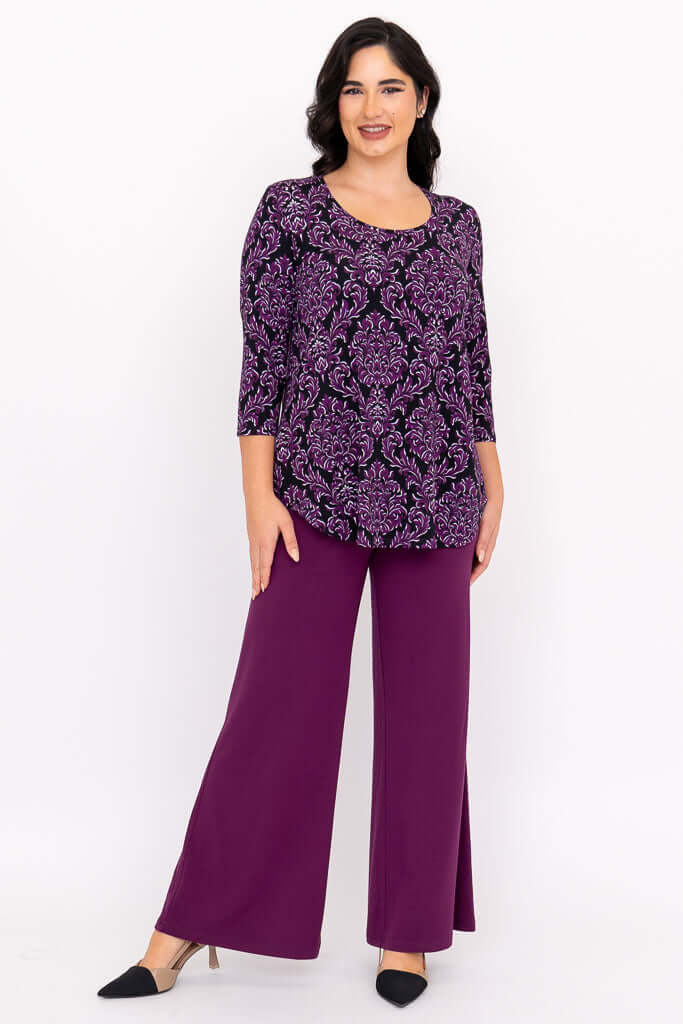 Front view of Jazz 3/4 Sleeve Top in Damask Purple with matching purple pants