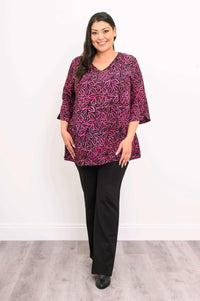 Full front view of Evelyn Top in pink leaf print with 3/4 sleeves