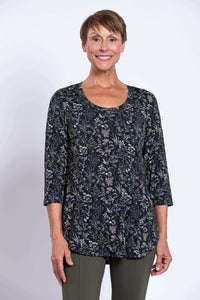 Front view of woman wearing Jazz 3/4 sleeve bamboo top in forest floral print