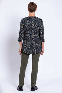 Back view of Jazz 3/4 sleeve bamboo top in forest floral print worn by model