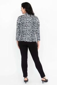 Back view of woman wearing leopard print mock neck 3/4 sleeve top