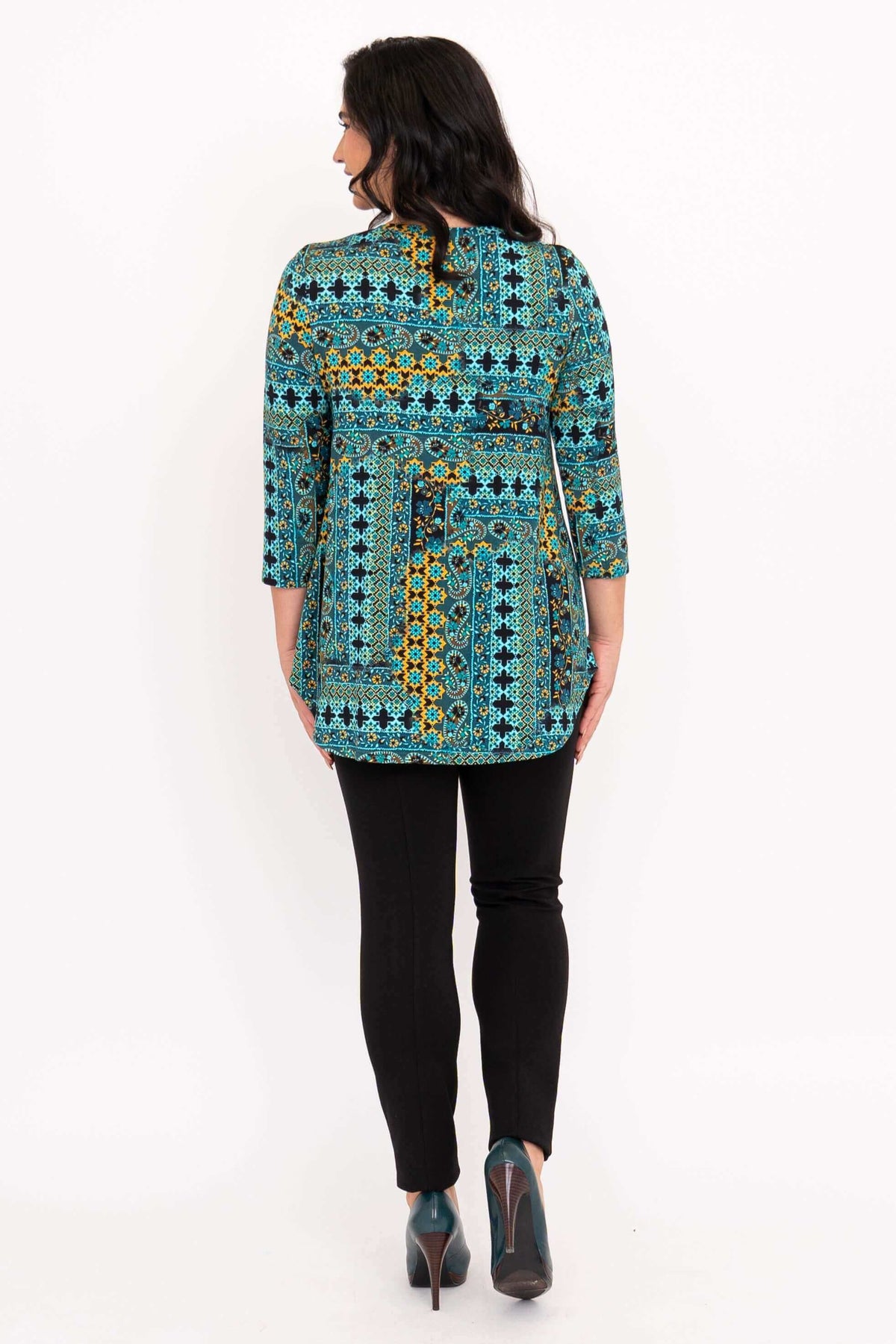 Back view of woman wearing turquoise mosaic 3/4 sleeve bamboo top