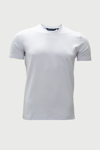 Soft white bamboo cotton t-shirt with a modern high V-neck and short sleeves on a light gray background