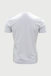 Back view of white bamboo cotton t-shirt with short sleeves and a modern athletic fit on a gray background.