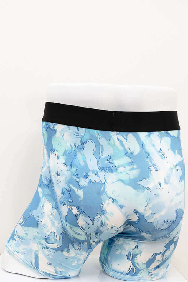 Back angled view of Blue Sky Guy Middle Man Underwear with blue abstract print