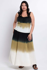Angled front view of model in dip dye tank top and matching skirt