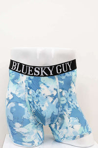 Front angled view of Blue Sky Guy Middle Man Underwear with blue abstract print