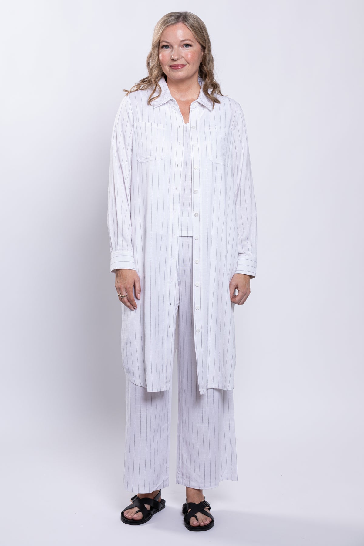 Anka Duster, White Stripe, Linen Bamboo