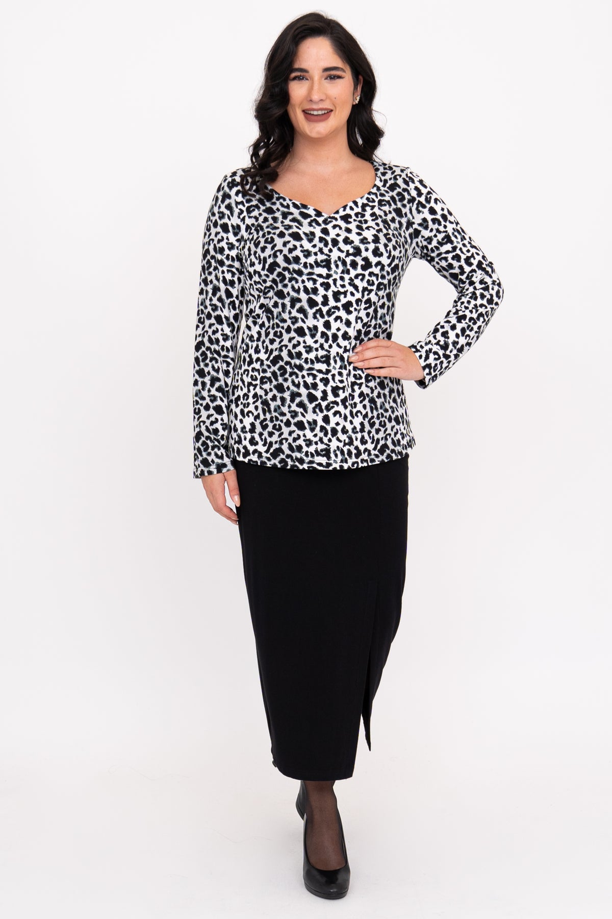Annette L/S Top, BW Leopard, Bamboo