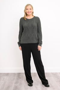 Front-facing shot of a graphite patterned sweater, illustrating a comfortable, relaxed-fit drape.