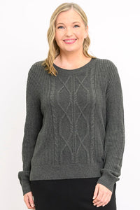 Women's long-sleeve knit top in a dark ash tone with a rounded neckline, styled against a plain white backdrop.
