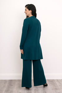 Rear studio shot of a fluid crystal teal French terry cardigan featuring a clean straight hemline design.