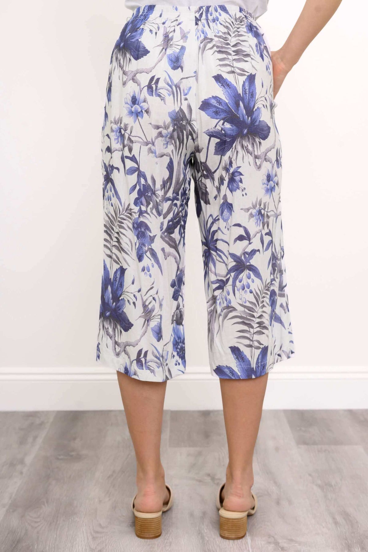 Back close-up of blue floral Bella Capri Pant