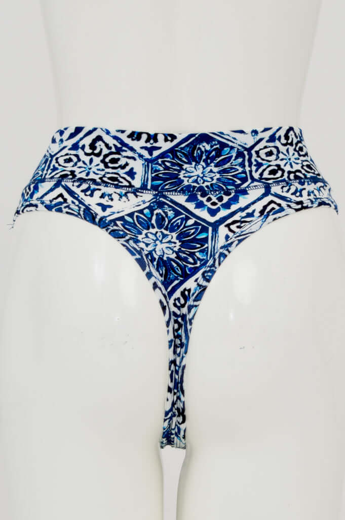 Back view of high rise thong underwear with distinctive blue and white patterned design