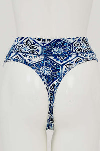 Back view of high rise thong underwear with distinctive blue and white patterned design