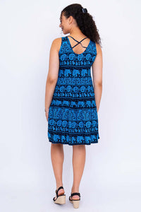Back view of blue and black dress showing crisscross strap detail