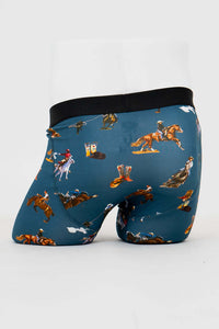 Back view of men's blue bamboo underwear with Western-themed cowboy and boots print