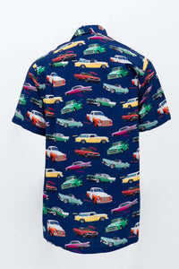 Back view of button-up shirt showcasing full retro cars pattern on a navy background