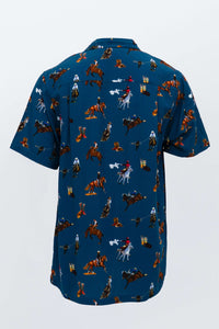 Back view of blue short sleeve shirt with Western rodeo print