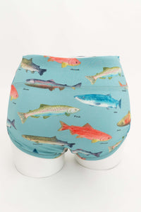 Back view of bamboo briefs featuring various labeled salmon fish illustrations