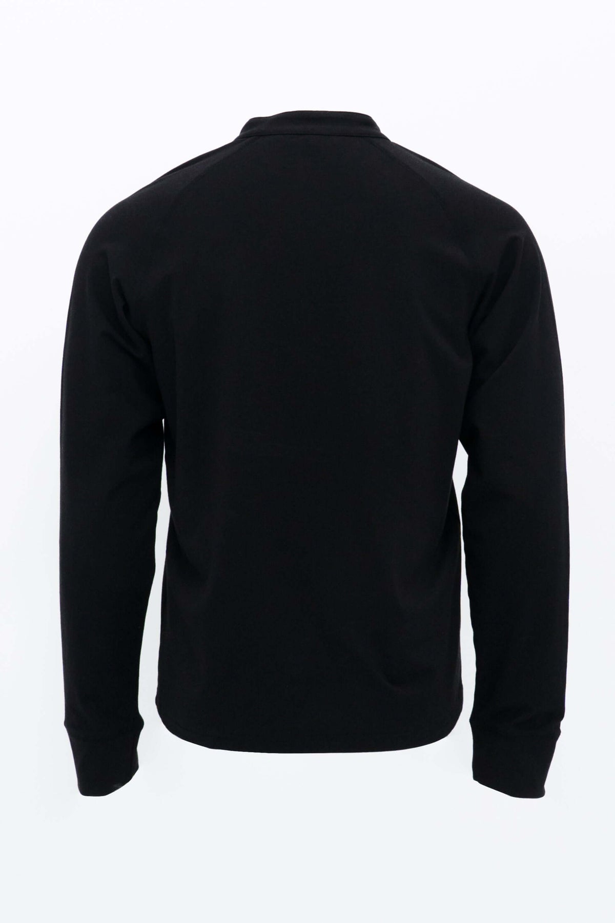 Back view of a black long sleeve Henley shirt