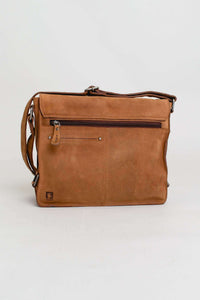 Back view of classic brown buffalo leather messenger bag with zipper pocket