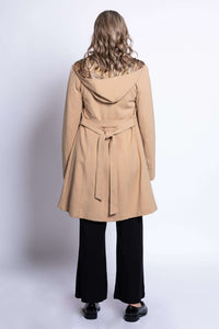 Back view of tan modal trench jacket showing patterned silky lining and tie belt
