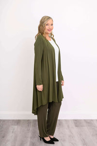 Back view of olive green duster with rounded hem, worn with matching pants