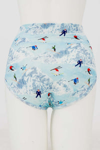 Back view of high-waisted bamboo briefs with ski print on a mannequin