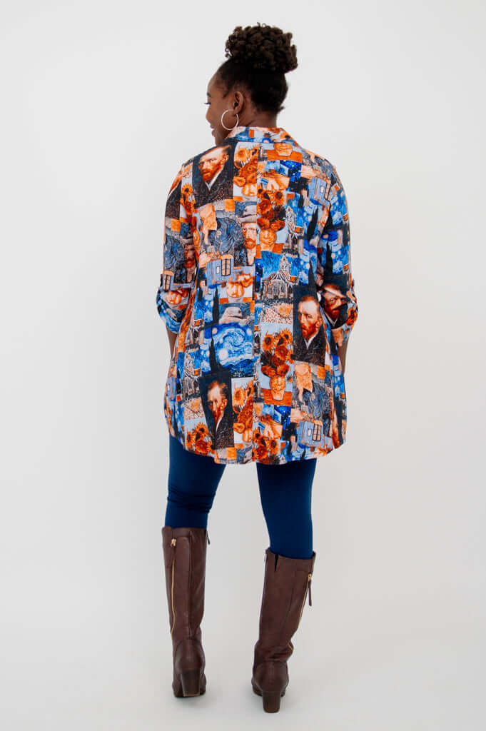 Back view of Van Gogh art print tunic, showing full pattern and relaxed fit