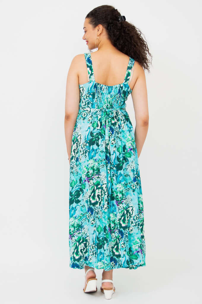 Back view of Coraline maxi dress showing shirred bodice and detachable belt