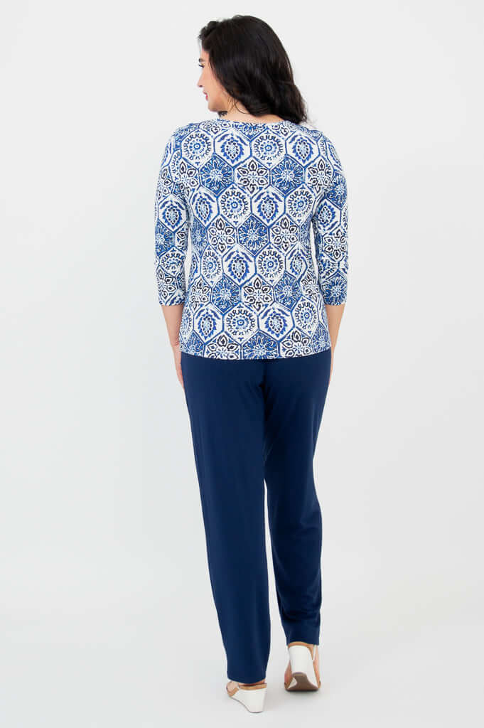 Back view of blue mosaic fitted tee with 3/4 sleeves