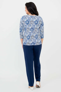 Back view of blue mosaic fitted tee with 3/4 sleeves