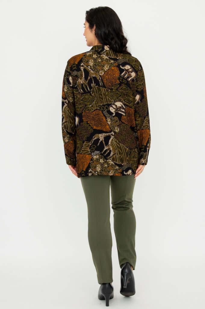 Back view of Shirley Batik Art print long sleeve top on model