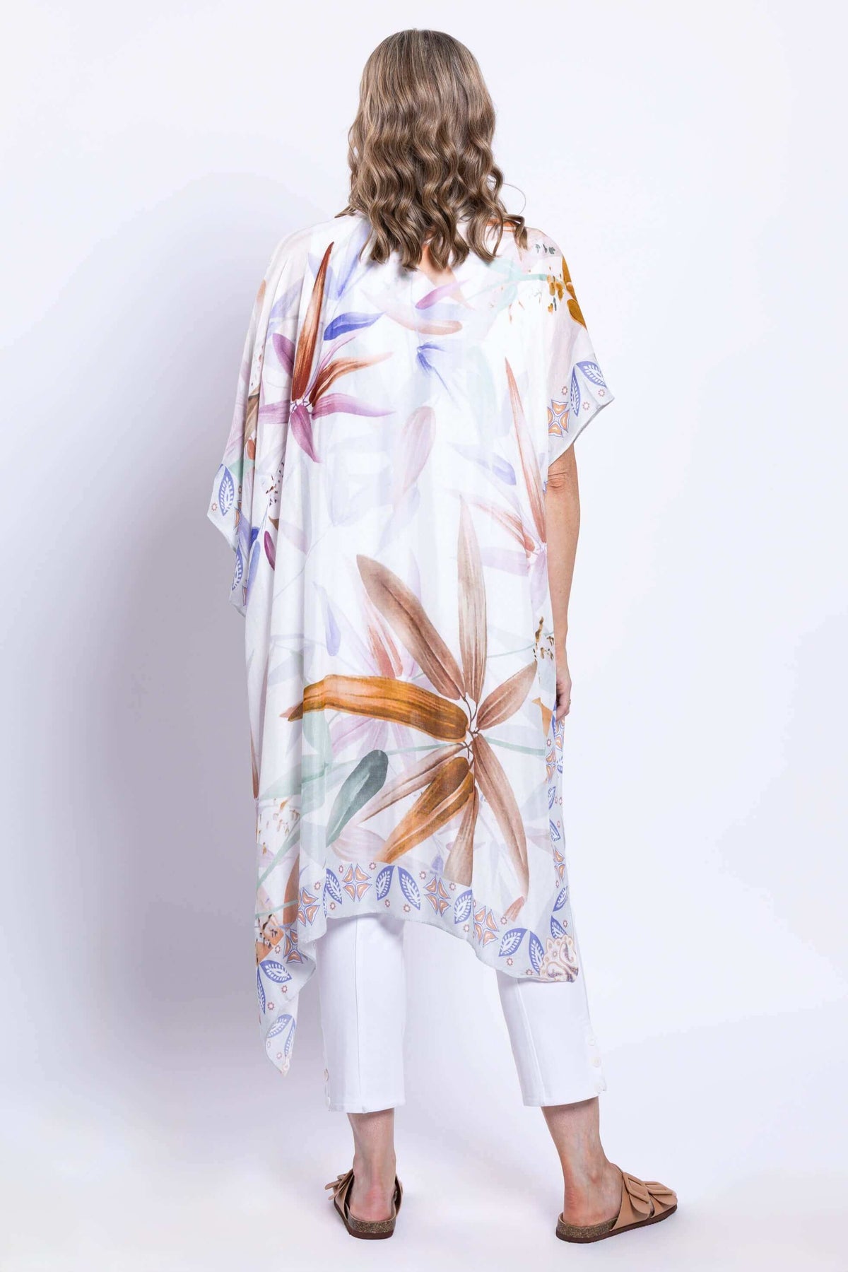 Back view of Darcy Watercolour Kimono with vibrant floral pattern