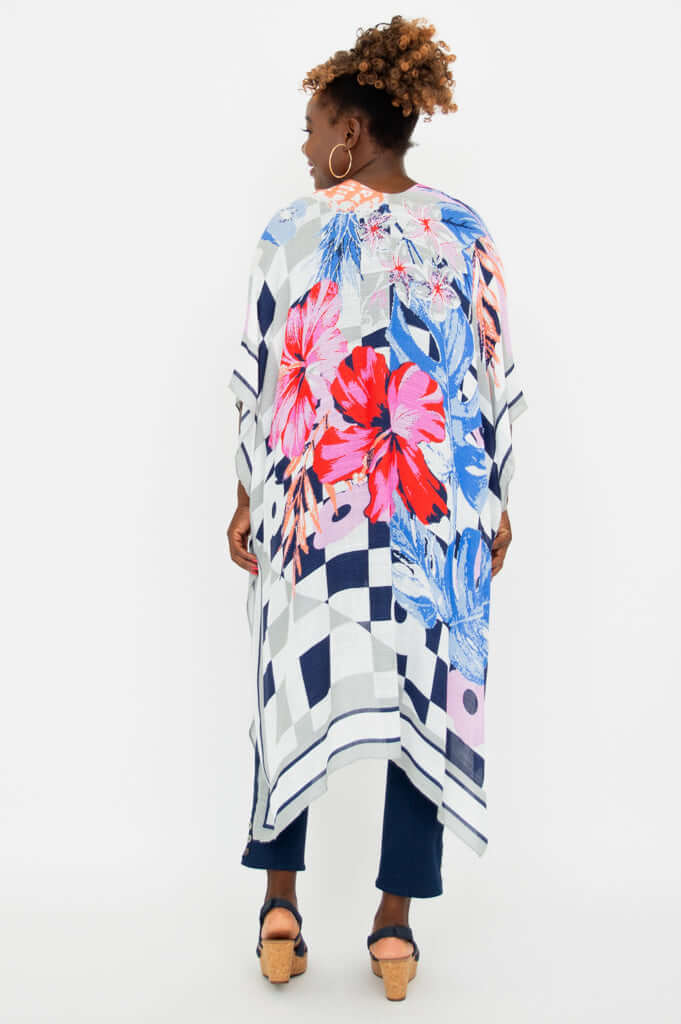 Back view of model in Darcy kimono wrap, displaying full floral and geometric pattern