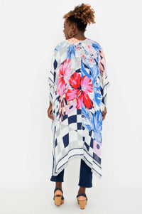 Back view of model in Darcy kimono wrap, displaying full floral and geometric pattern